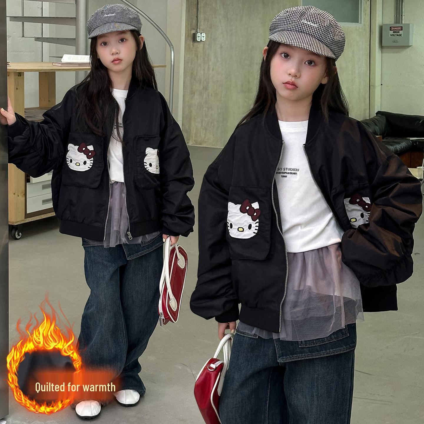 

2025 Куртка с капюшоном для девочек: Стильное пальто свободного кроя для осени и зимы 140cm чёрный