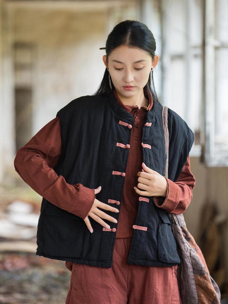 Women's Winter Quilted Cotton Vest with Frog Button - Chinese Style