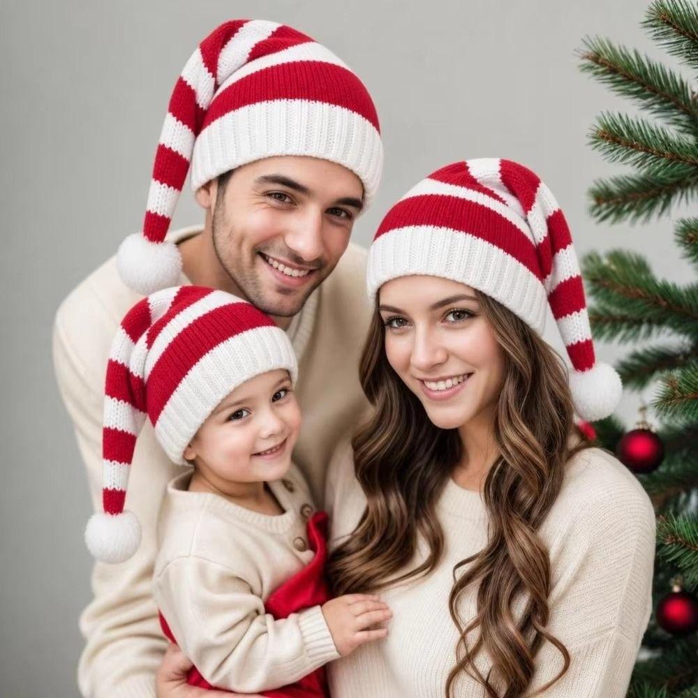 Green Red Christmas Knitted Hat Stripe Parent Child Hat All-match Santa Beanie Hat Winter/Autumn