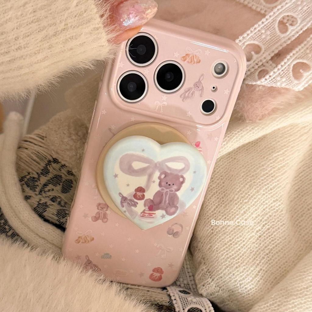 Cute Pink Bear Heart-Shaped Magnetic Stand and Bear Phone Case for iPhone 16, iPhone 17, and iPhone 17 Pro Max