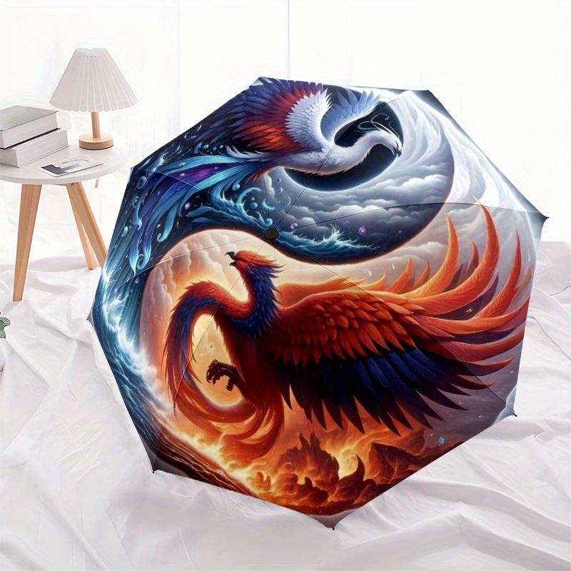 1pc Phoenix Yin Yang Automatic Folding Umbrella - 8-Rib Iron Frame, Windproof, Portable Sunshade with Plastic Handle for Travel & Outdoor Ac