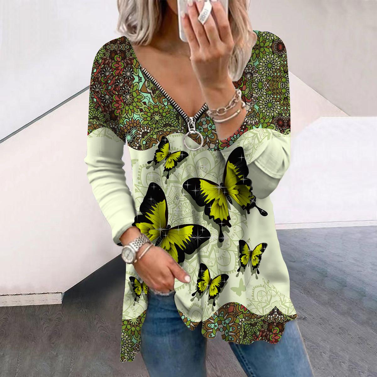 

Женские осенние яркие бабочки с длинным рукавом, свободные футболки с V-образным вырезом, большие размеры, удобные блузки 8XL жёлтый