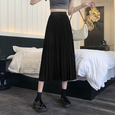 Herbst Winter Plissee Rock Elastische Hohe Taille Wadenlangen Casual Lose Rock Elegante Damen Einfarbig Langen Rock Frauen Kleidung Streetwear
