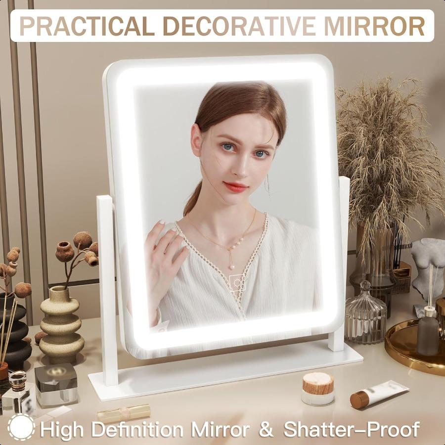Lighted Makeup Mirror Vanity Mirror with Lights for Desk Tabletop Smart Touch with 3Color Lighting Dimmable 360 Rotation White