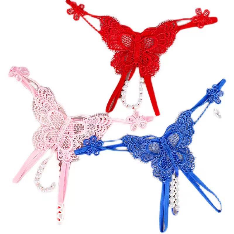 T-back Women's Transparent Open Crotch Pearl Massage Panties - Low Waist, Sexy, Easy-off Design