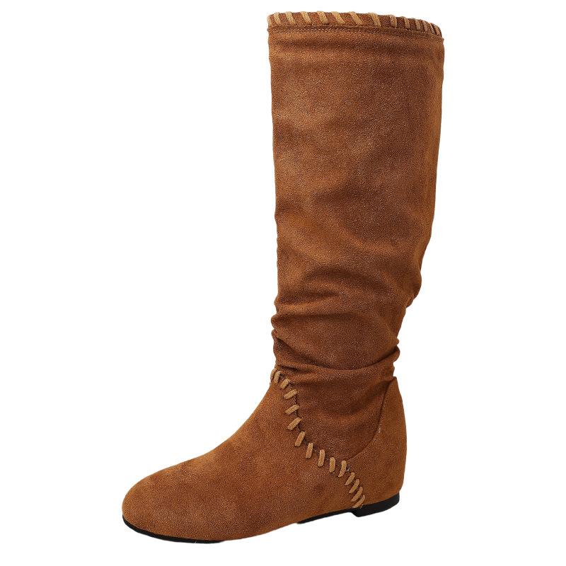 2025 new fashion splicing casual round head knight boots women's autumn and winter retro European and American height-increasing and thin fashion