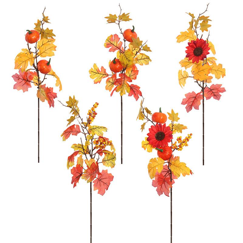 1PC Tree Branch DIY Fall Furnishings Thanksgiving Faux Pumpkin Berries Autumn Artificial Plant Realistic Maple Leaves Branches