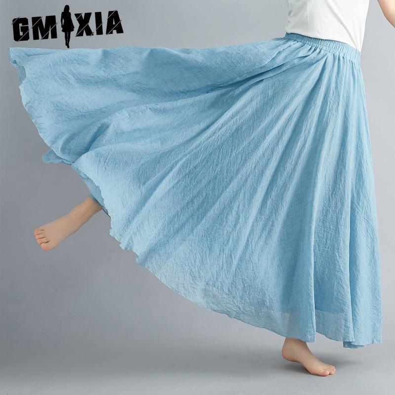 GMXIA Forest Girl's Artistic Plus-size Cotton and Linen Skirt, Elastic Waist A-line Skirt, Long Solid Color Ethnic Style Large Skirt, 24 Colors