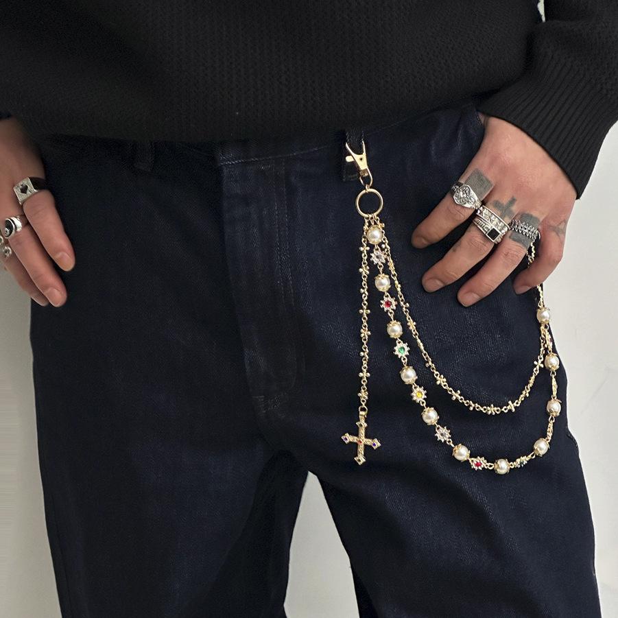 Design Imitation Pearl Flower Chain Trouser Chain, Hip-Hop Color Diamond-Encrusted Cross Waist Chain Pendant
