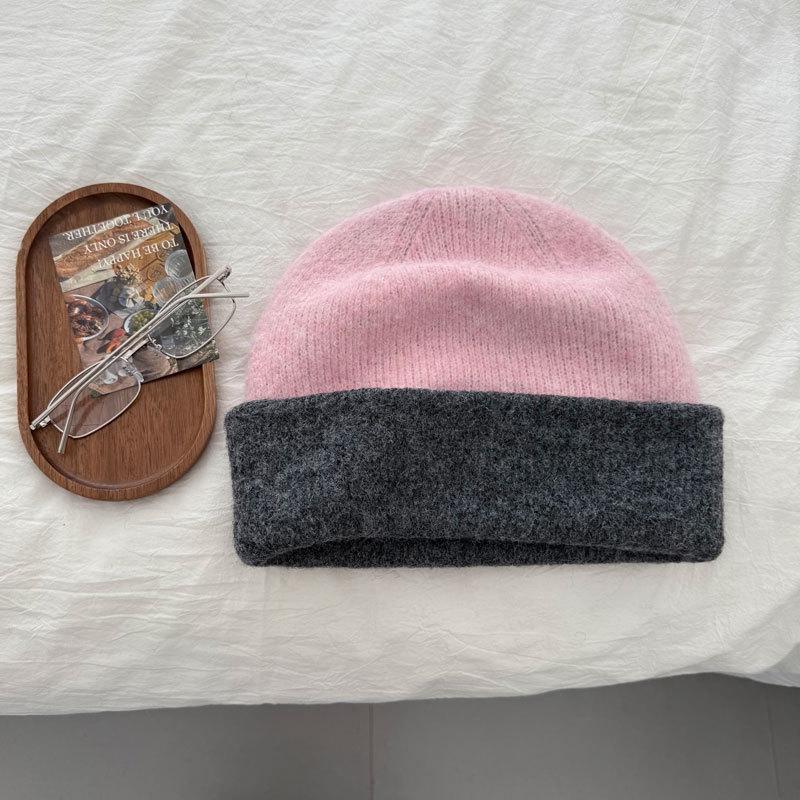 

Осенне-зимняя вязаная шапка с цветными блоками: Корейский стиль, Двухслойный, Защита ушей, Ветрозащитный, Морозостойкий, Приталенный дизайн для велоспорта розовый