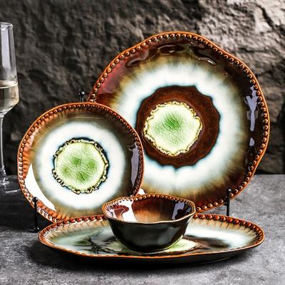 BRJapanese Ceramic Plate Retro Kiln Glaze Barbecue Bowl Western Food Plates French Restaurant Bone Dish Dinner PlatesEY
