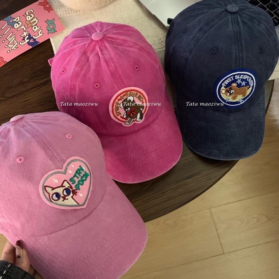 Pink Love Baseball Cap for Women Korean Style Big Head Cap Soft Top Cute Cat Hat Trendy Face