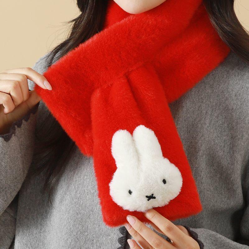 Miffy Cartoon Rabbit Plush Scarf Soft Warm Winter Cross-Over Neck Warmer Cute Short Style for Women Teens Versatile Cozy