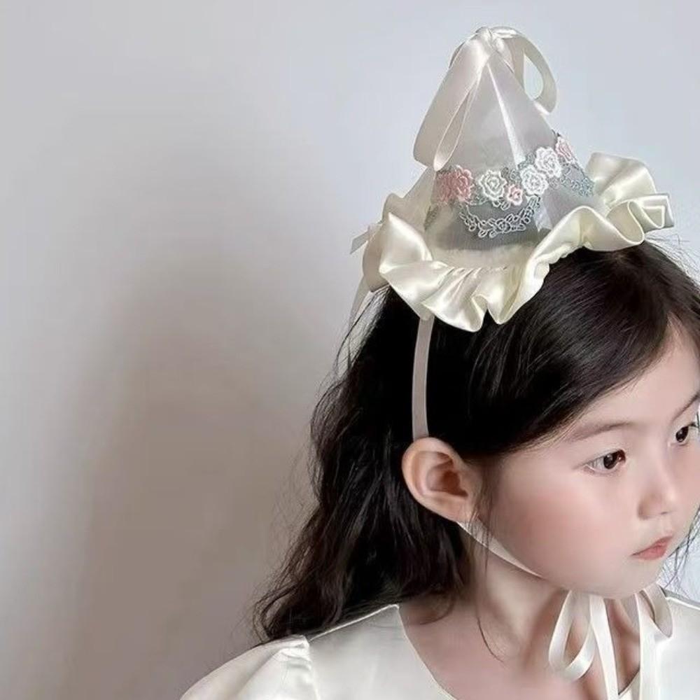Cone Hats Mesh Birthday Hat Embroidery Birthday Crown Flower Knot Headband  Birthday Party
