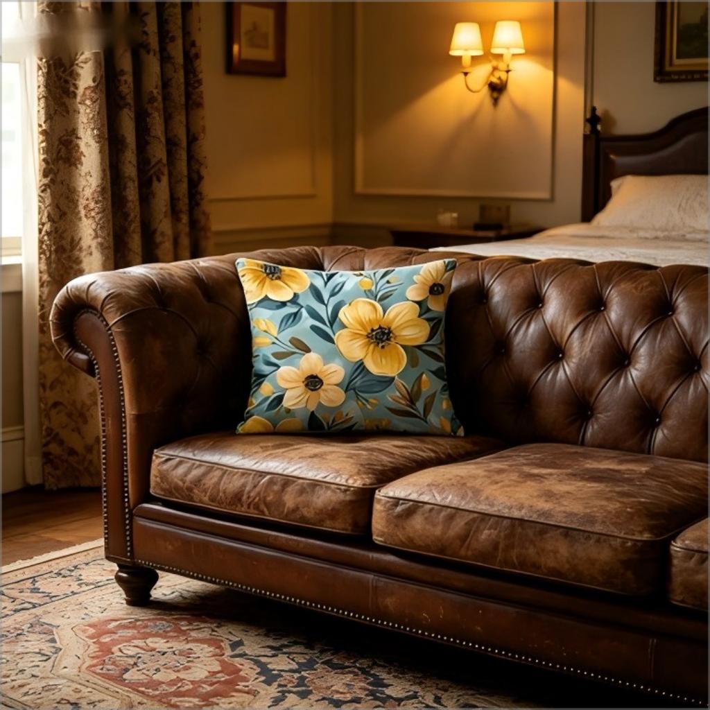 Boho Yellow Floral Print Throw Pillow Cover, Teal Watercolor Botanical Decorative Cushion