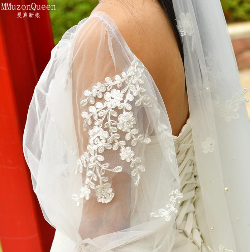 Off Shoulder Puff Tulle Sleeves Detachable Floral Lace Wedding Sleeves Removable Bridal Arm Cover For Strapless Mermaid Wedding Gown Photoshoot