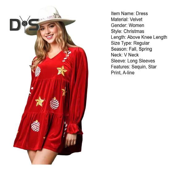 Women Christmas Dress Festive Star Print Patchwork Sequin A-line Pleated V Neck Long Sleeves Ruffles Velvet Party New Year Mini Dress