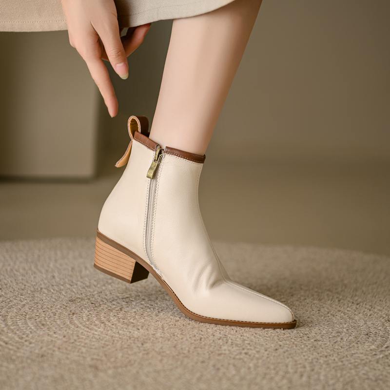 Krazing Pot Full Grain Leather Autumn Winter Shoes Med Heels Chelsea Boots Round Toe Keep Warm Zipper Mixed Color Ankle Boots