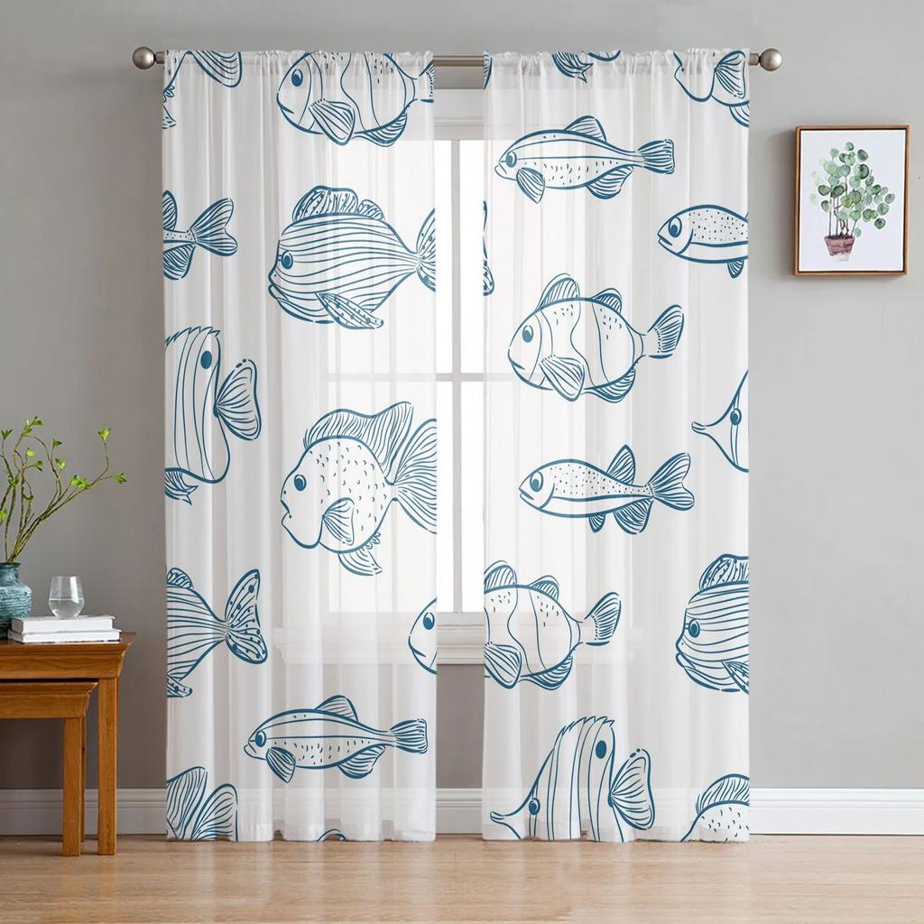 Carp Animal Fish Geometric Tulle Curtains For Living Room Sheer Curtain Bedroom Voile Decorative Window Treatments