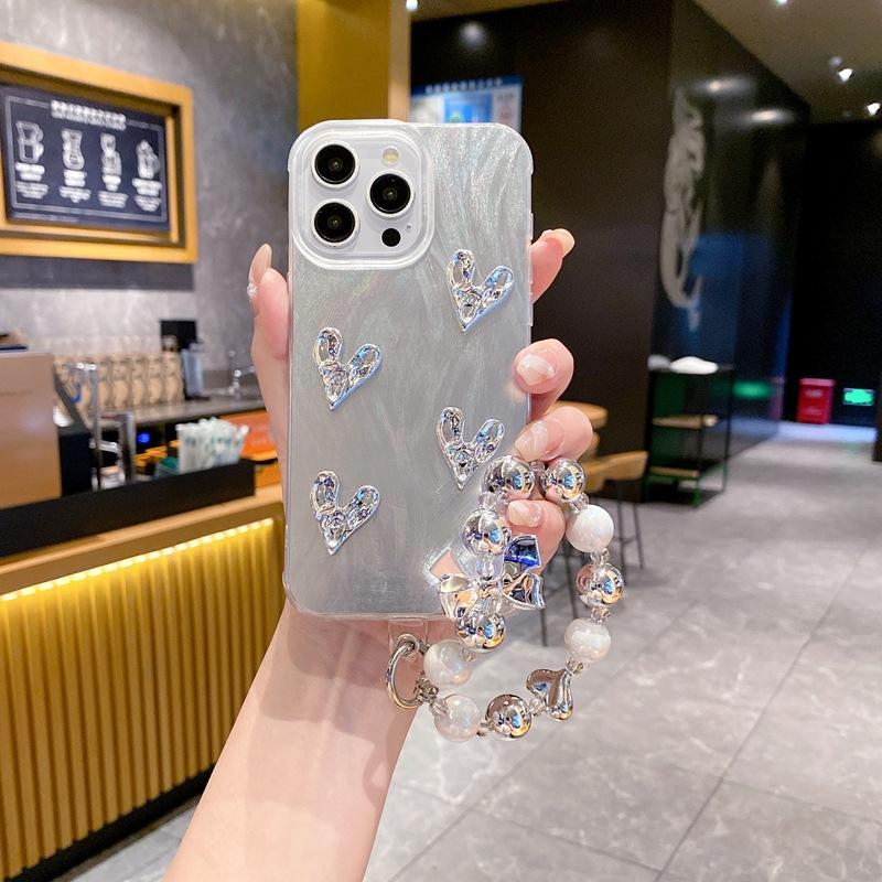 Three-dimensional pleated love is suitable for Samsung A55 mobile phone case, large hole IMD feather yarn S24Ultra premium silver bracelet.