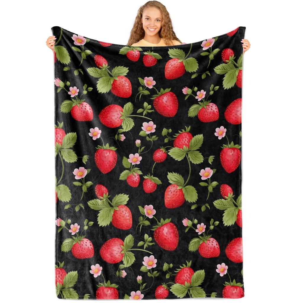 Cute Strawberry Blanket, Plush Soft Warm Flannel Sweet Fruit Throw Blanket for Couch, Travel, Bed, Outdoor, Gift for Teen Adult