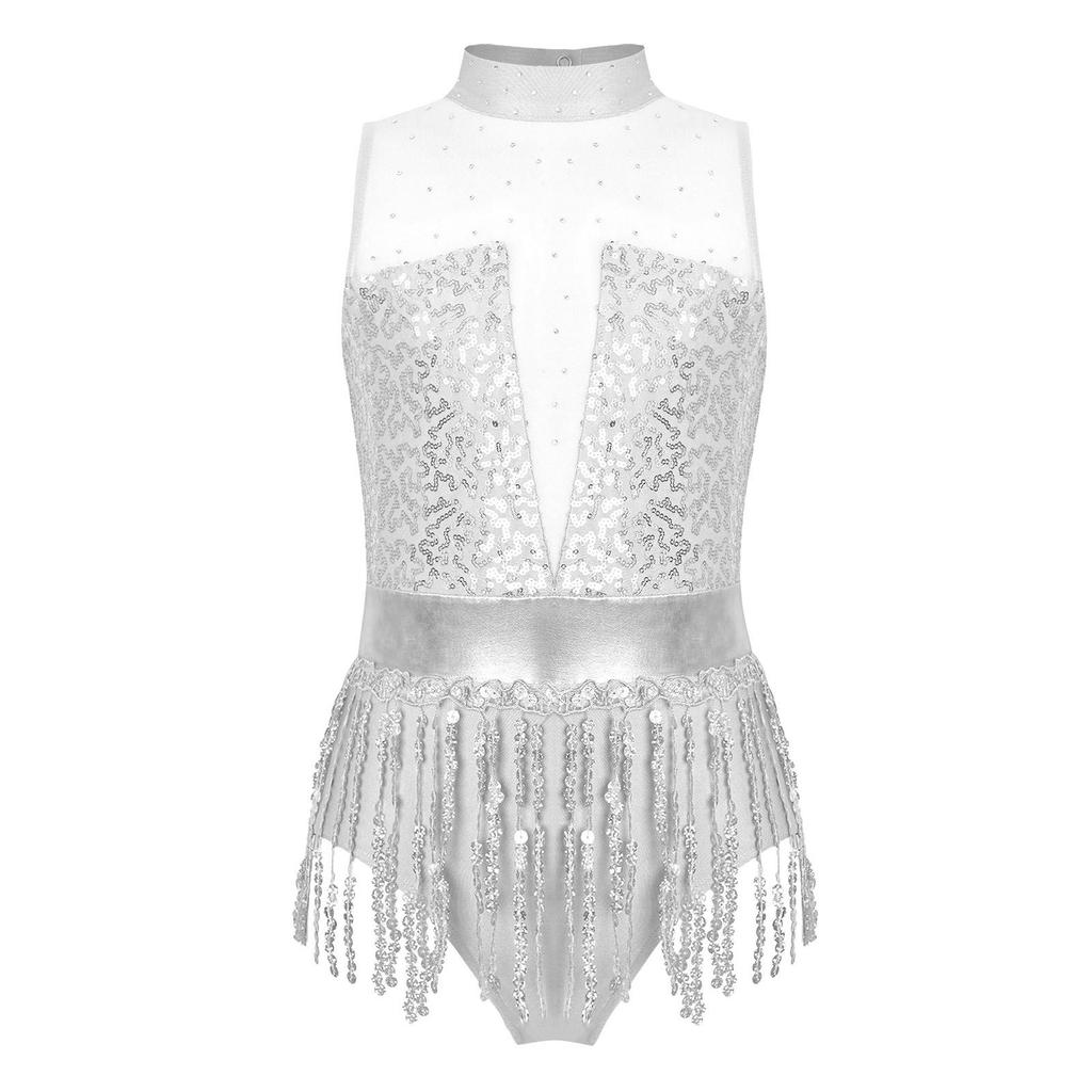 Mädchen Glitzernde Pailletten Quasten Tanzbody Ärmellos Schlüsselloch Rücken Patchwork Fransen Body Performance Kostüm