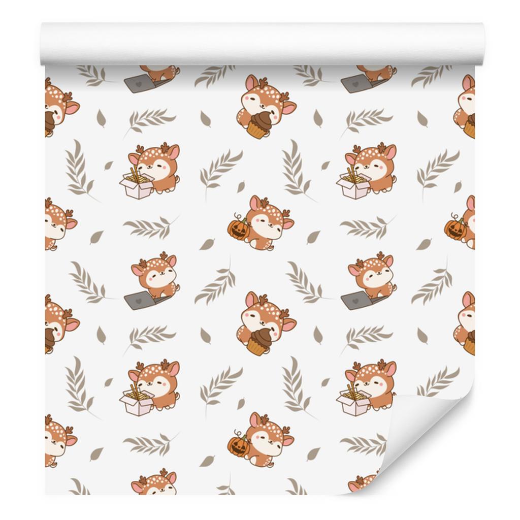 Deer wallpaper white, light gray, cream and beige 50x1000