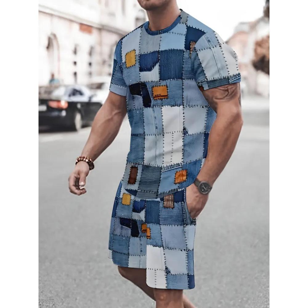 Summer Men's Clothing Letter Print Short Sleeve Top Men's Elastic Waist Shorts 2-piece Set Plus Size T Shirts Shorts Set