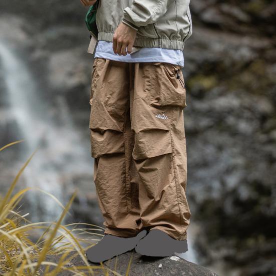 Men Outdoor Pants Elastic Waist Loose Waterproof Multi Pockets Loose Smooth Breathable Straight Soft Daily Wear Camping Long Cargo Trousers