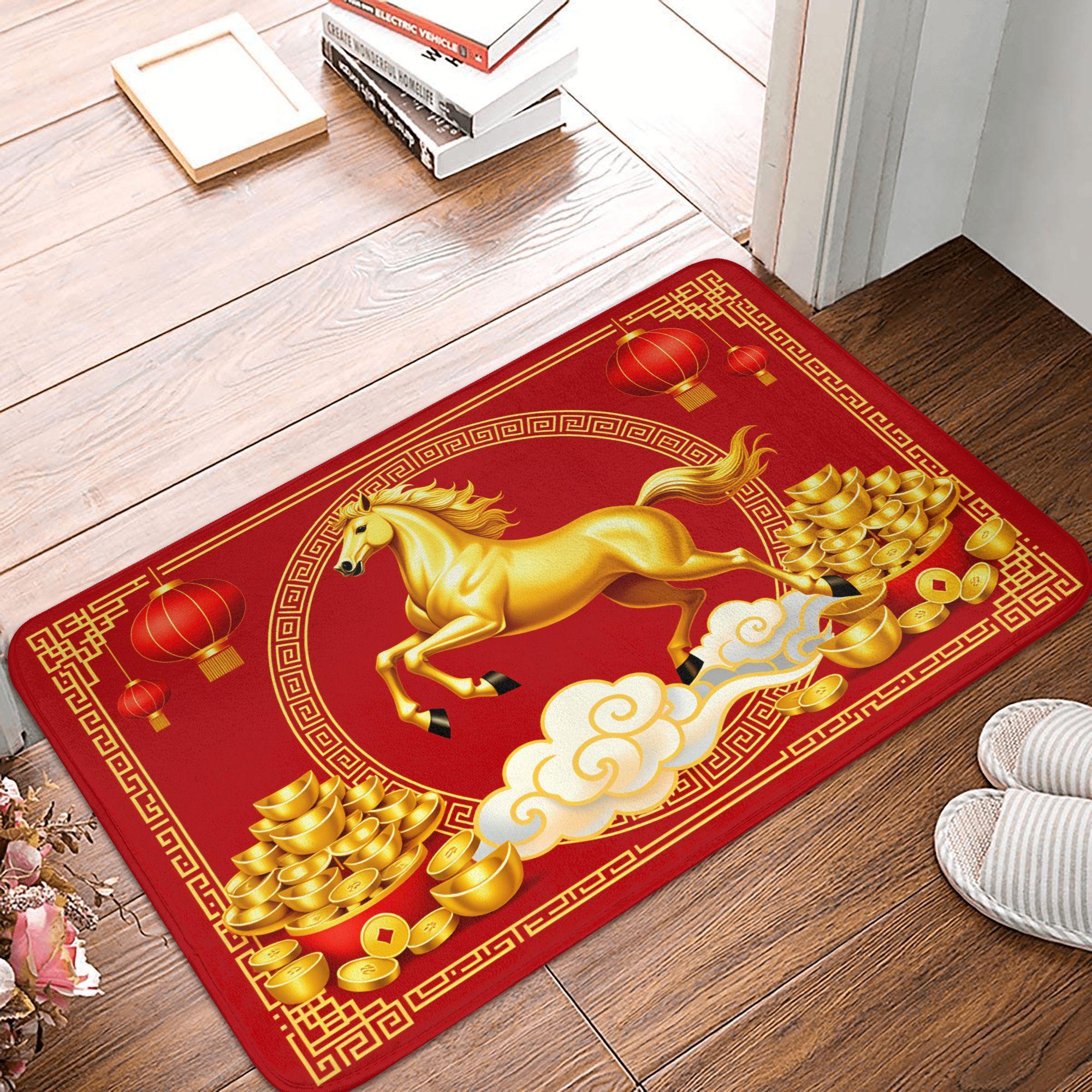 

New Year Red Horse Pattern Front Door Mat Anti-Slip Indoor Waterproof Doormat Kitchen Bedroom Entrance Rug Carpet 40cmx60cm