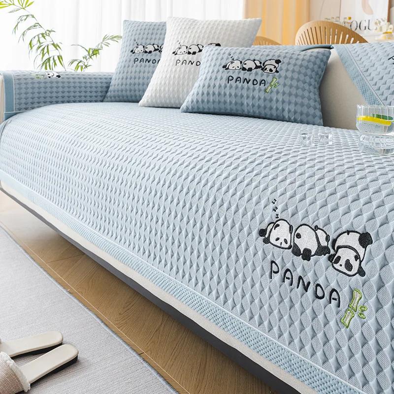 Summer Cool Feeling Sofa Cushion Light Luxury Ice Silk Sofa Cover Cartoon Panda Embroidered Sofa Cushion Living Room Home Decor