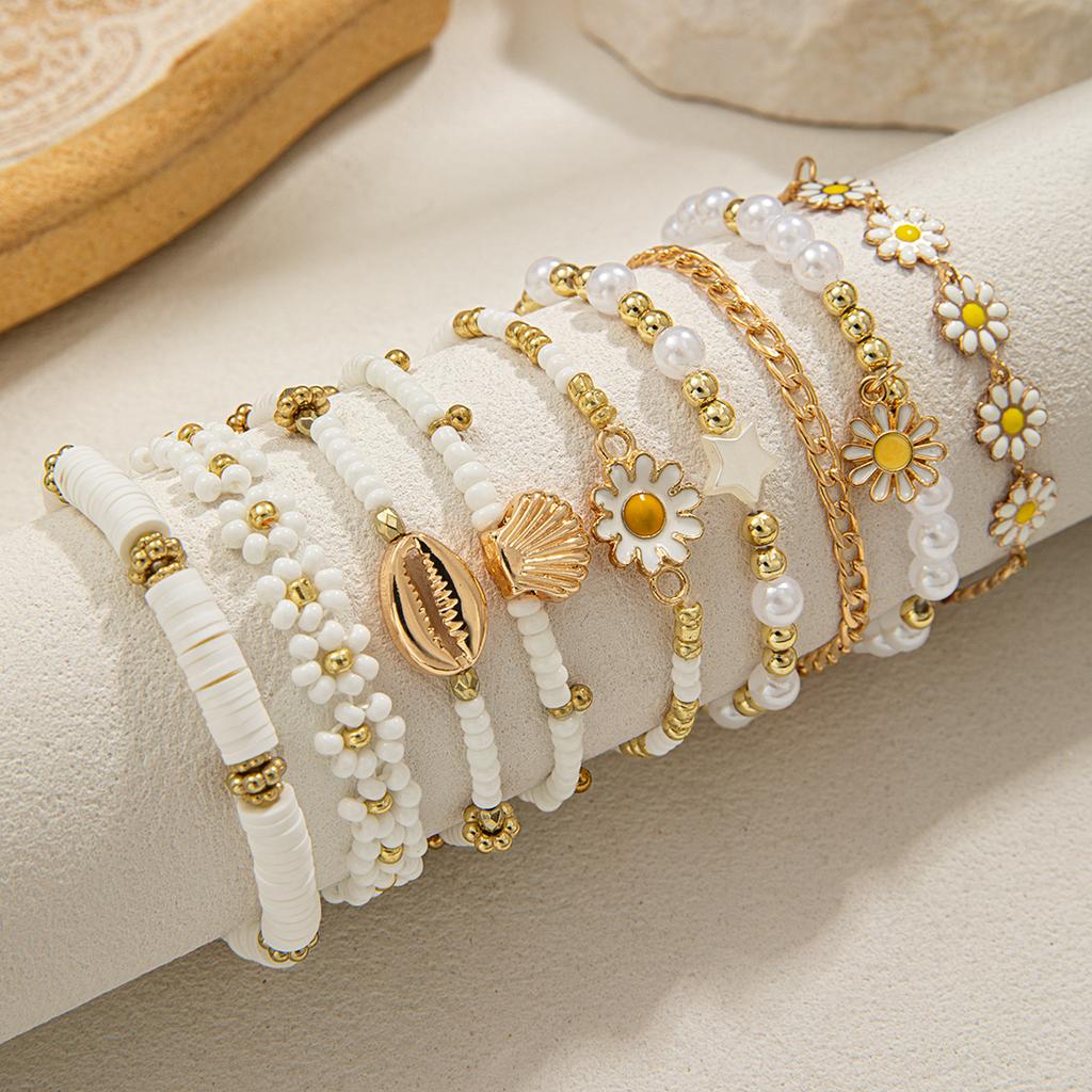 9 Elegant and Simple Daisy Rice Bead Bracelets with Multi Layer Stacking Soft Ceramic Shell Metal Women's Bracelet Set