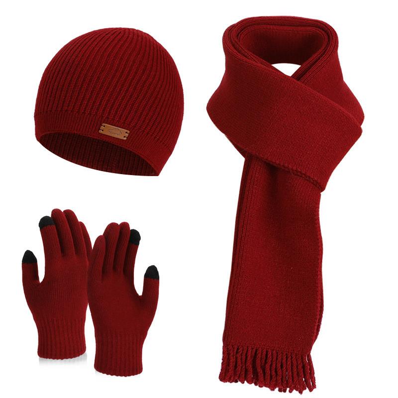 

Acrylic Winter Knit Hat Scarf Gloves Set With Warmth For Casual Wear червоний