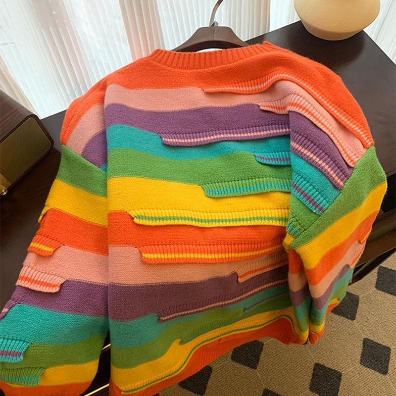 Lazy Wind Rainbow Contrasting Color Knitted Sweater Women's Autumn and Winter New Loose Casual Striped Pullover Sweater Women