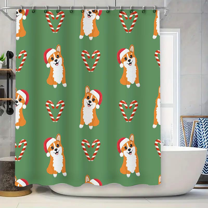 Green Christmas-themed Shower Curtains Featuring Cute Corgi Designs Festive Home Decor for Bathroom! (128 Characters)