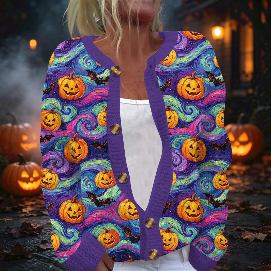 Women's Halloween Print Long Sleeve Knit Button Front Cardigan