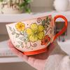 Rustikale handbemalte florale Keramik-Frühstückstasse, 500 ml Fassungsvermögen, Kaffeetasse mit buntem floralem Muster, Haushaltsmilchtasse