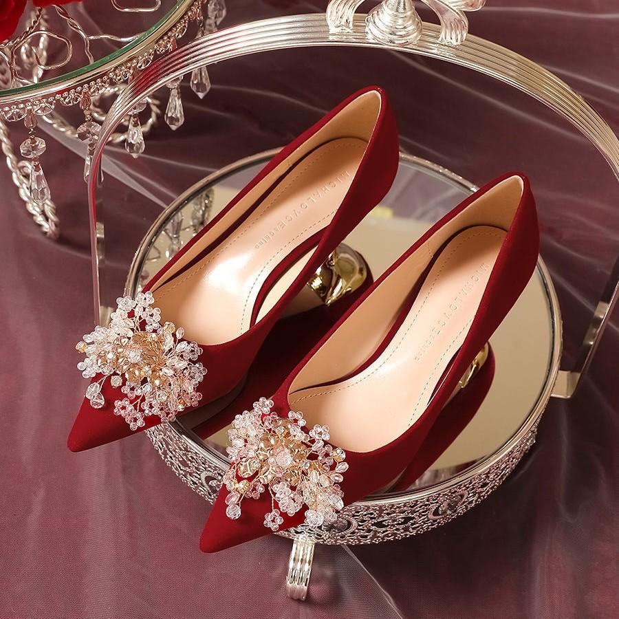 Red Wedding Shoes 2025 French Main Wedding Bridal Shoes Pointed Stiletto Suede Low Heel Single Shoes Women's 3