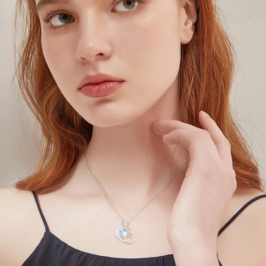 CUOKA MIRACLE Moonstone Necklace Moon Star Necklace 925 Sterling Silver Crescent Moon and Star Pendant Necklace Synthetic Rainbow Moonstone Star Moon