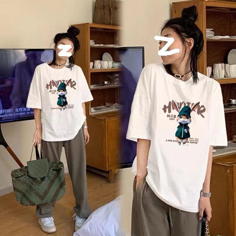 

Casual medium and long short-sleeved t-shirt women s summer 2025 new trendy brand pure cotton rabbit inner top ns M белый