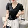 Summer New Fashion Sequin V-neck T-shirt for Women Short-sleeved Sexy Mesh Top Slim and Half-sleeved