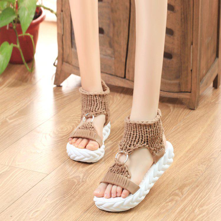 Colorful Sandals New Thick-soled Soft-soled Open-toed Comfortable Wool Round Buckle Foot Muffin Roman Shoes