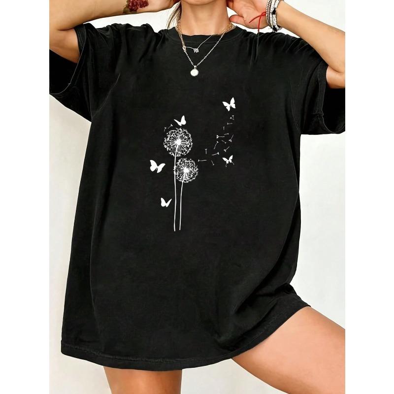 

Oversized T Shirt Black Dandelion And Butterflies Print Casual Wear XXXXL чёрный