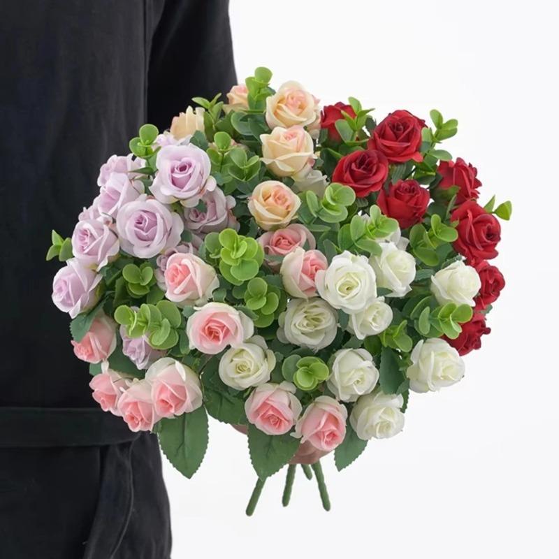 Artificial Eucalyptus Leaves & Silk Roses Bouquet, Fake Flowers for Vase, Home Outdoor Garden Festival Wedding Party Table Decor