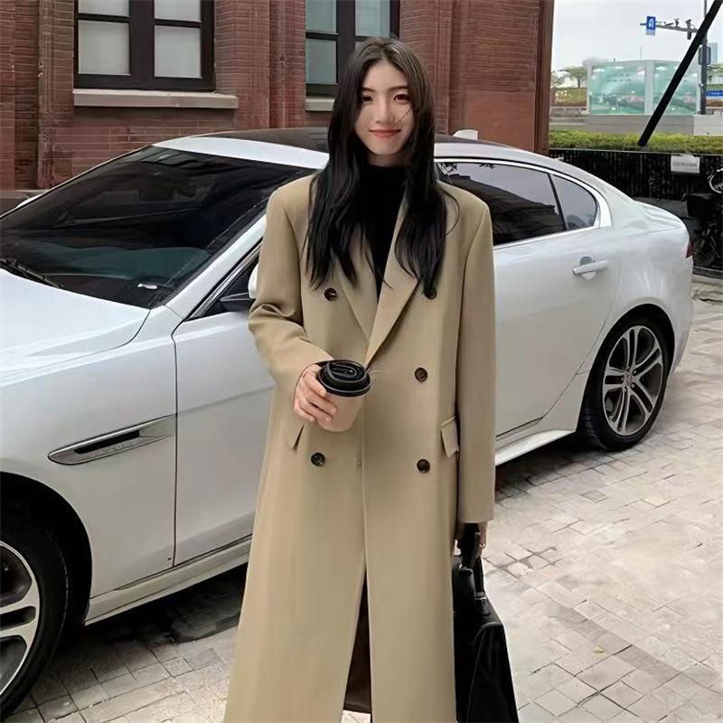 Women Long Double Breasted Blazer Trench Coat Elegant Lapel Oversized Maxi Suit Jacket Spring Autumn Casual Outerwear