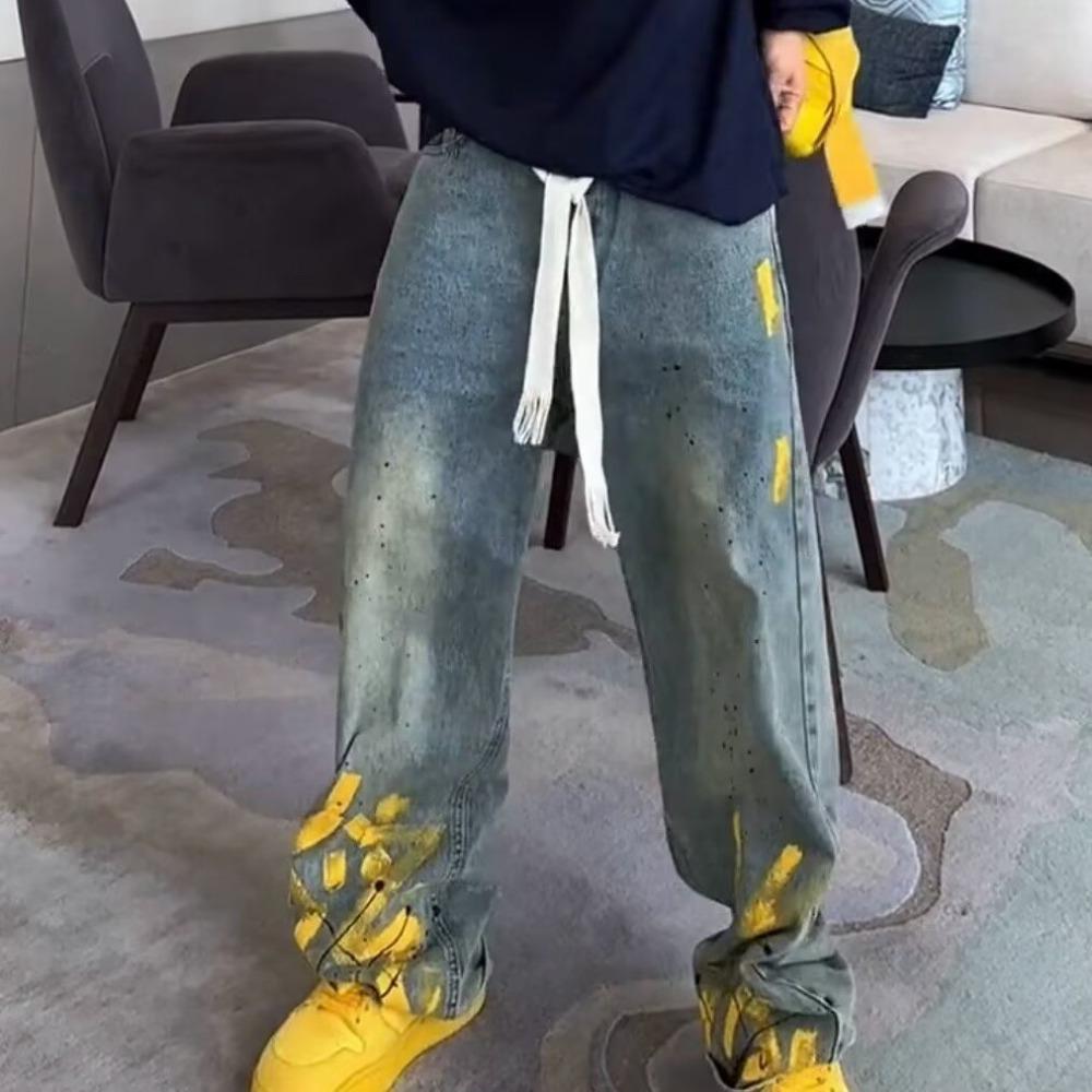 New Washed Jeans for Autumn and Winter Men Hand-painted Inkjet Print Fashionable and Versatile Old Casual Straight Pants