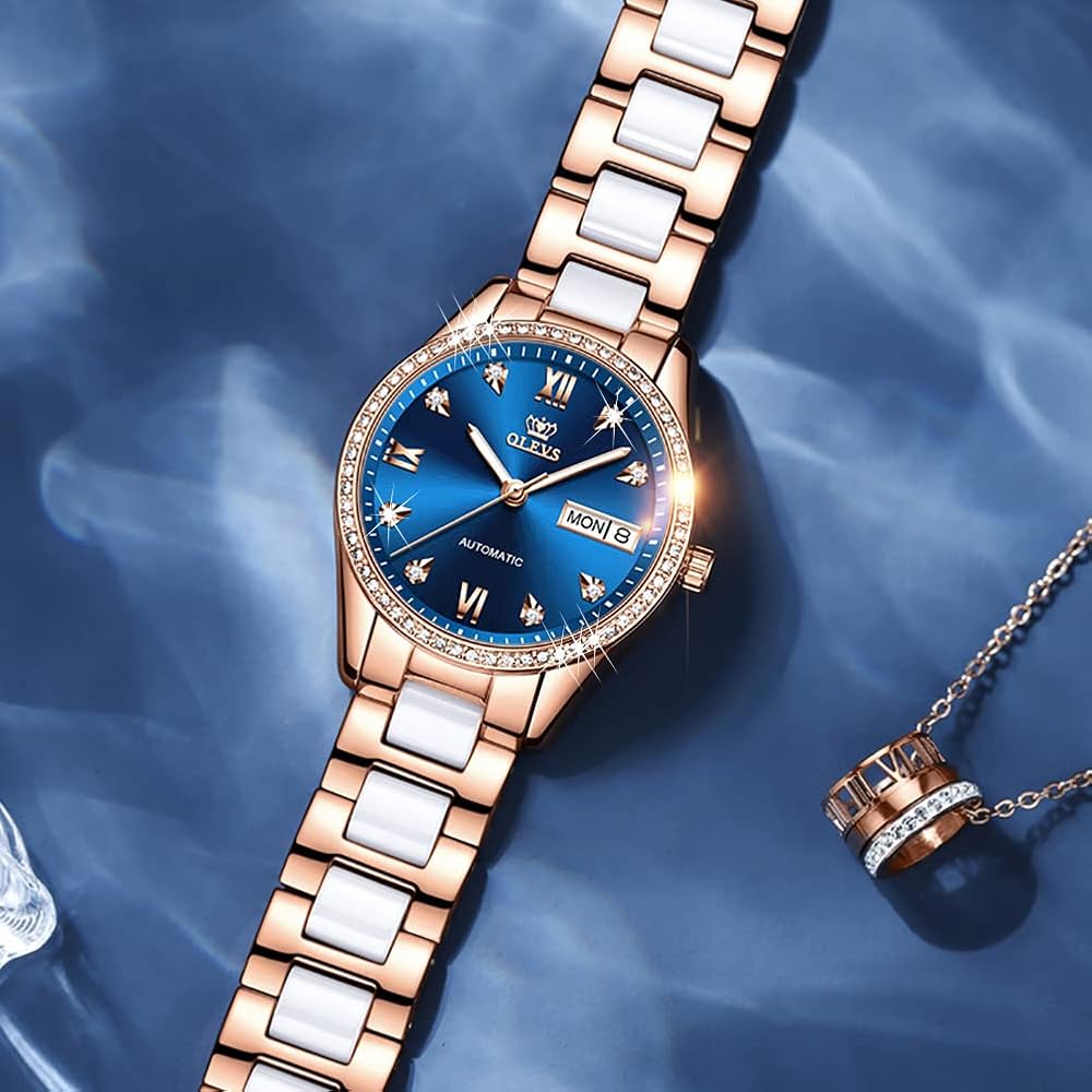 OLEVS Women's Stylish Mechanical Watch with Date, Bracelet, Ceramic, Blue