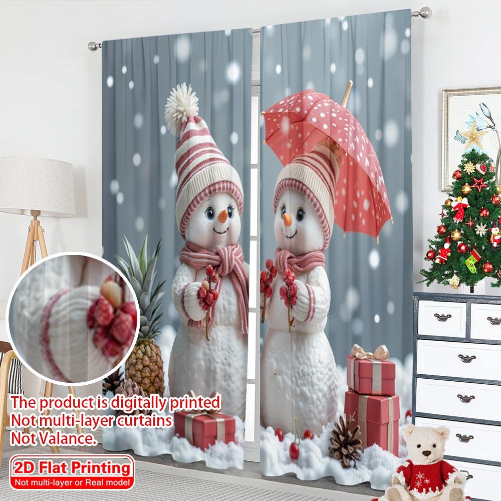 2pcs 2D flat printing Merry Christmas Scene Curtains Christmas Snowmen Merry Winter Fun 100% Polyester Without Electricity