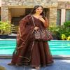 Elegant Brown Embroidered Peplum Top Sharara Set with Dupatta