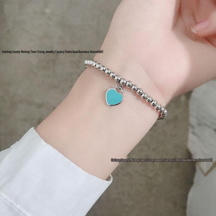 T House High Version Silver-Plated Heart Bracelet with Enamel Blue, Red, and Pink Hearts - Versatile Women's Heart-Shaped Jewelry.